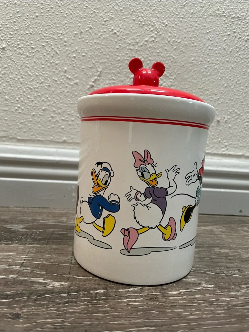 Disney Red-Accent Ceramic Canister cookie jar with Mickey & Friends Artwork NWOT